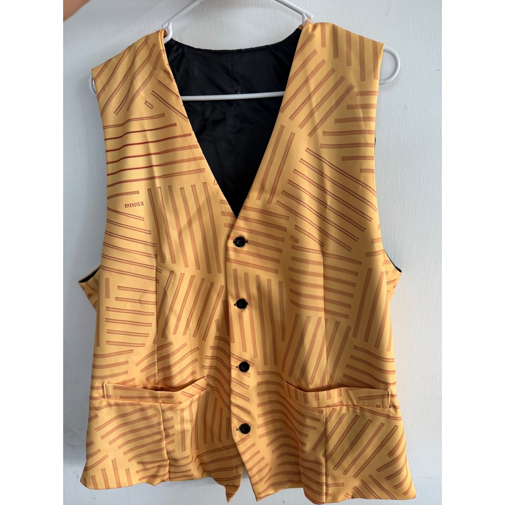 Mens Yellow Geometric Line Print Dress Vest XL Sleeveless Button Front Waistcoat